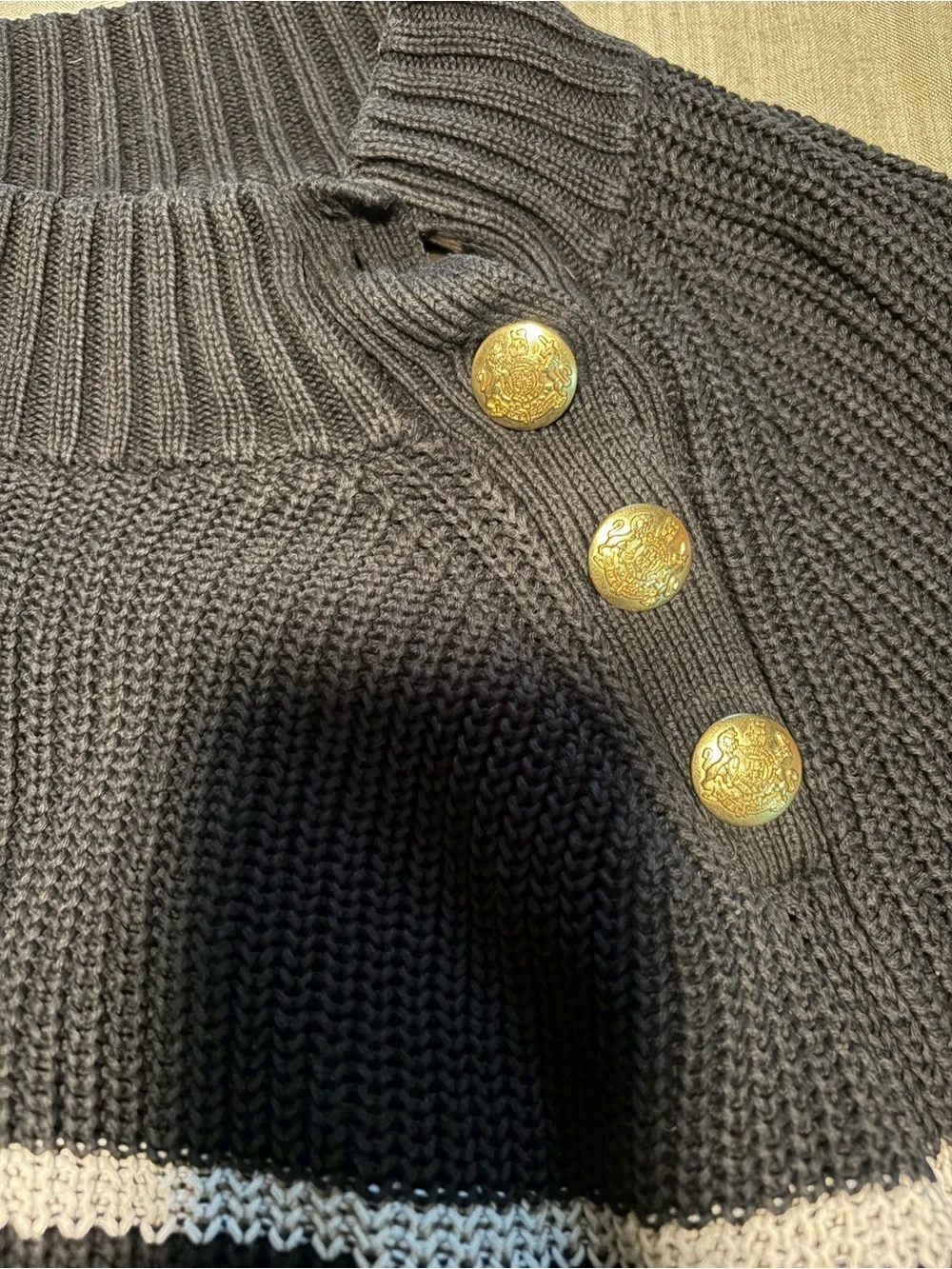 J. Crew Navy & White Striped Crewneck Sweater with Gold Buttons